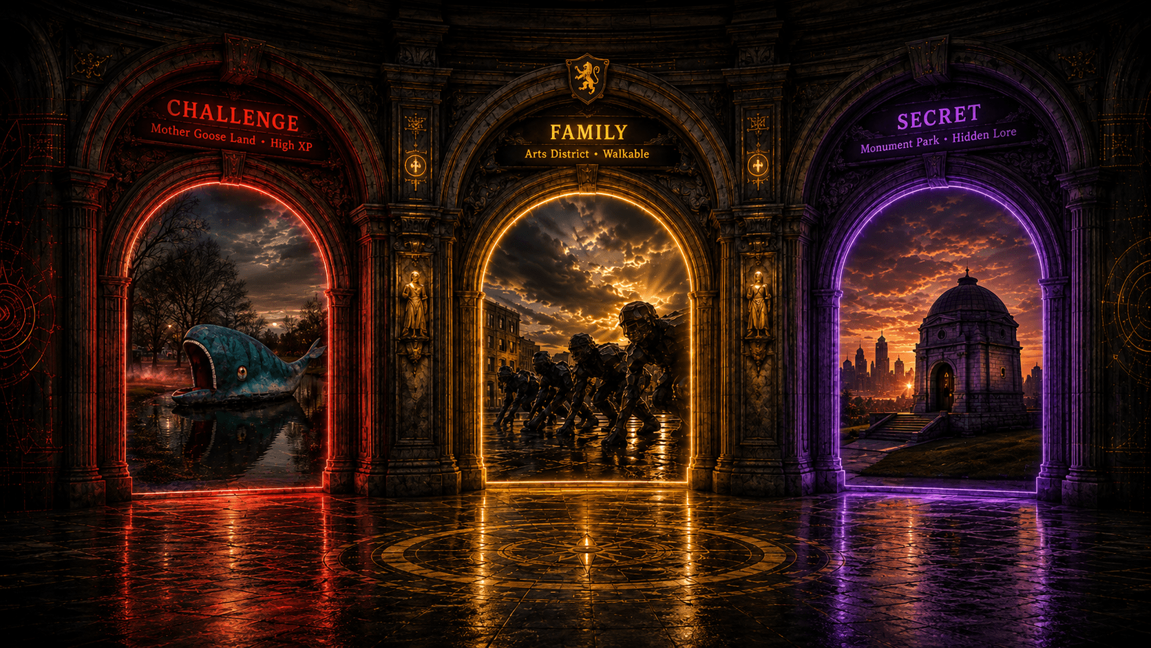 Three starting portal doors: Challenge (Red), Family (Gold), Secret (Purple)
